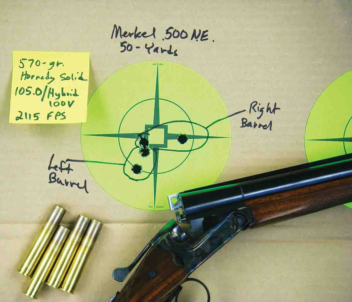 At 50 yards, barrel regulation was close with factory loads and handloads. These two-shot groups were fired offhand.